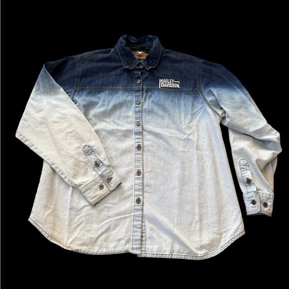 Harley Davidson Shirt Mens Large Long Sleeve Denim Ombre Chambray Light Wash - Picture 1 of 8